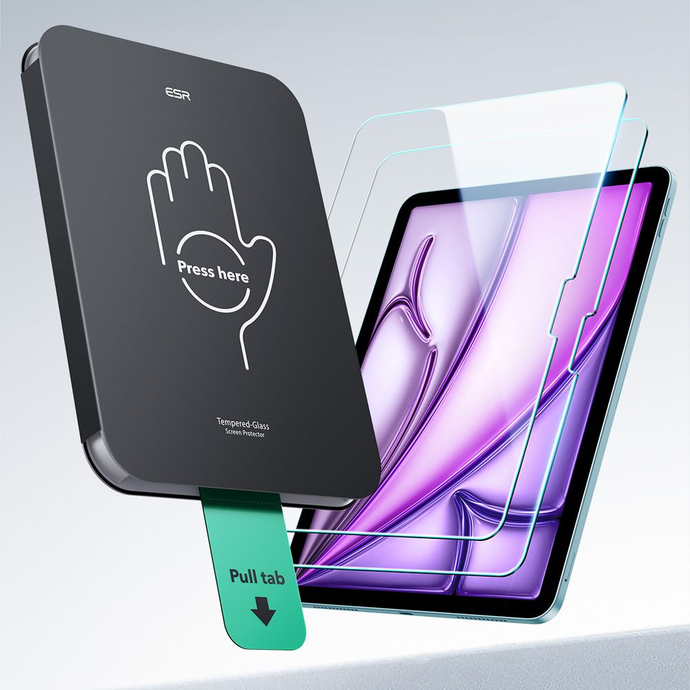 ESR UltraFit Tempered Glass - iPad Air 11 2025 / 2024, łatwy montaż dzięki ramce pozycjonującej, bez pęcherzyków powietrza.